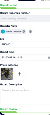Hazard report form on a worker's phone, with photo evidence and description fields