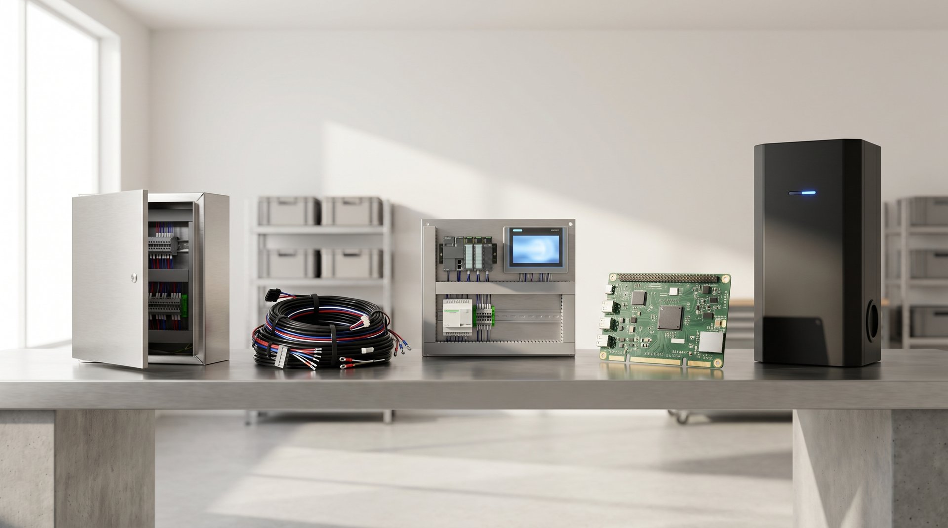 Five Velo Working production capabilities arranged on a workbench — a stainless steel electrical enclosure, a bundled industrial wire harness, an open control panel back-plate with PLC and HMI, a green PCB, and a matte-black EV charging cabinet.